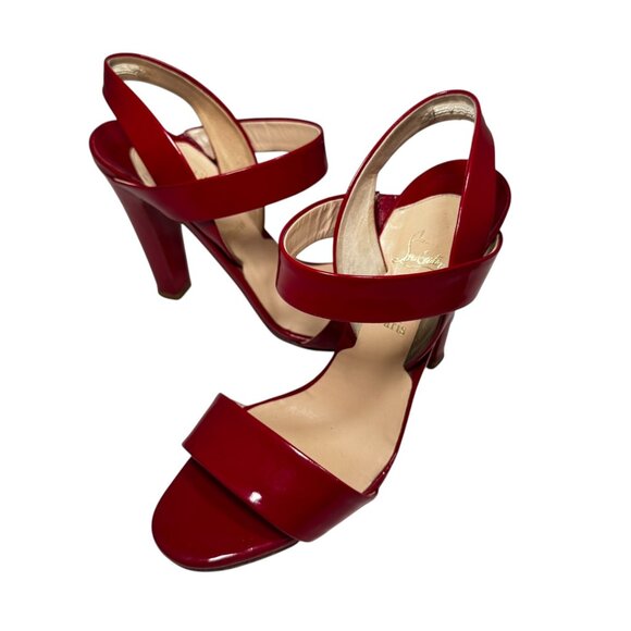 Christian Louboutin Red Patent Leather Ankle Strap Block Heel Sandals EU 38.5/8 - Picture 2 of 11